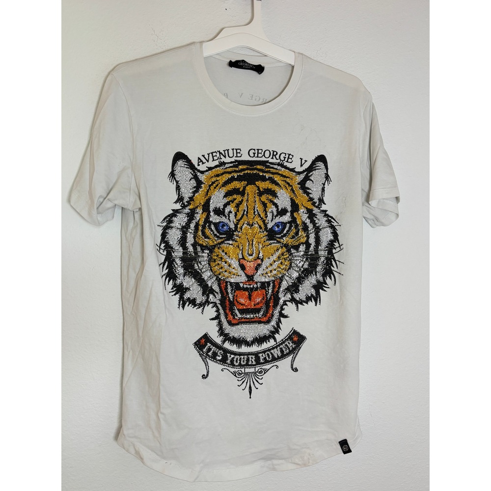 Avenue George V Paris Rhinestone Tiger Graphic T-Shirt Mens Large GV Couture